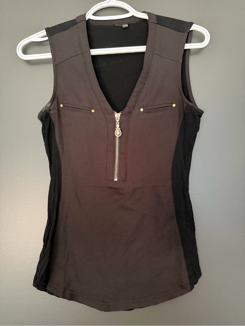 Women’s Black Zip-Front V-Neck Tank Top with Gold Accents